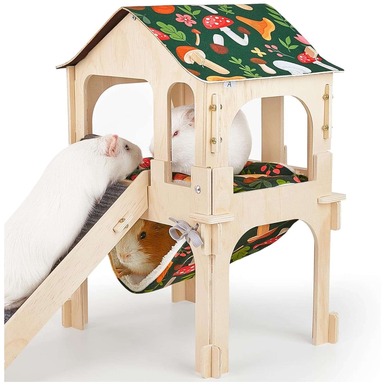 Casa de Madera 2 Niveles para Cuy y Conejo (30x22x45 cm). Escondite Desmontable para Roedores. Incluye Hamaca y Alfombra Antideslizante.