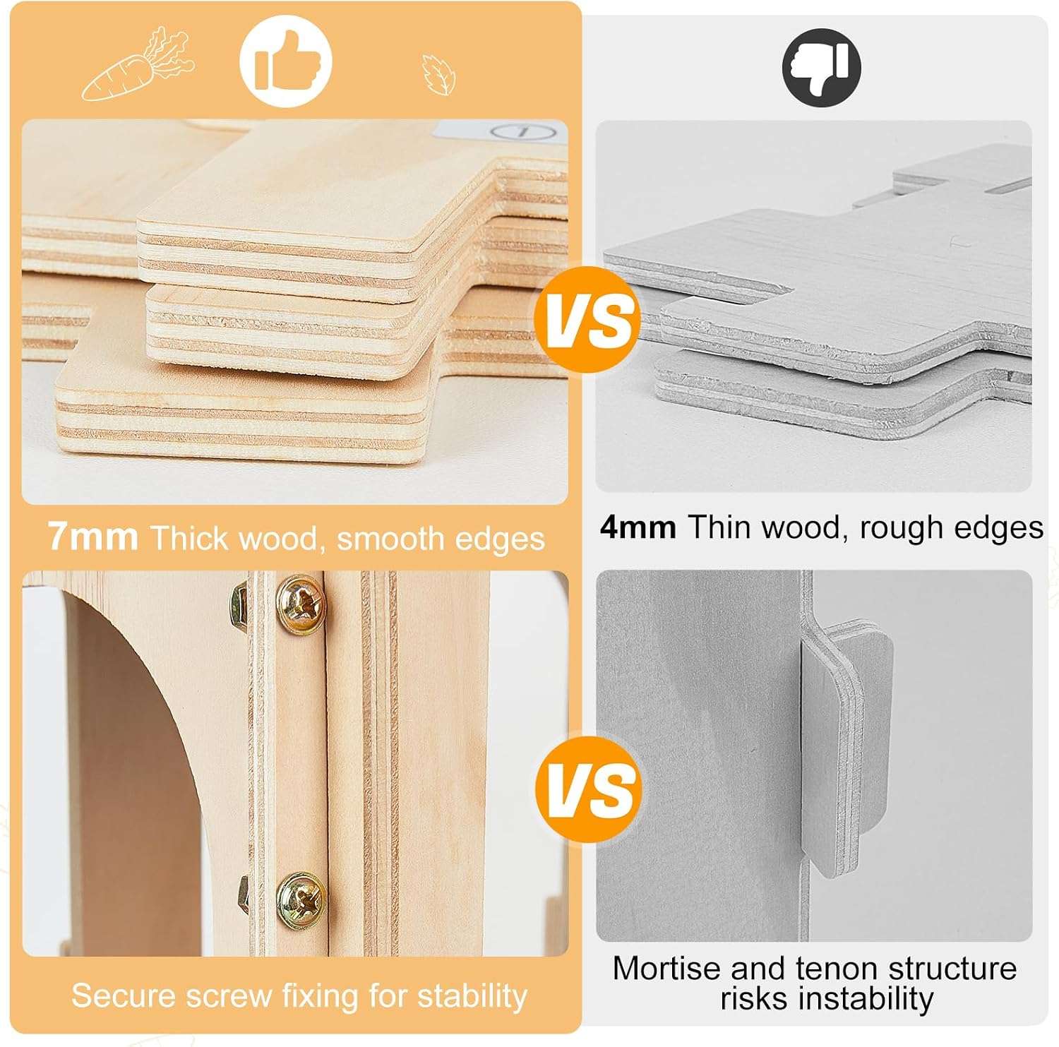 Casa de Madera 2 Niveles para Cuy y Conejo (30x22x45 cm). Escondite Desmontable para Roedores. Incluye Hamaca y Alfombra Antideslizante.