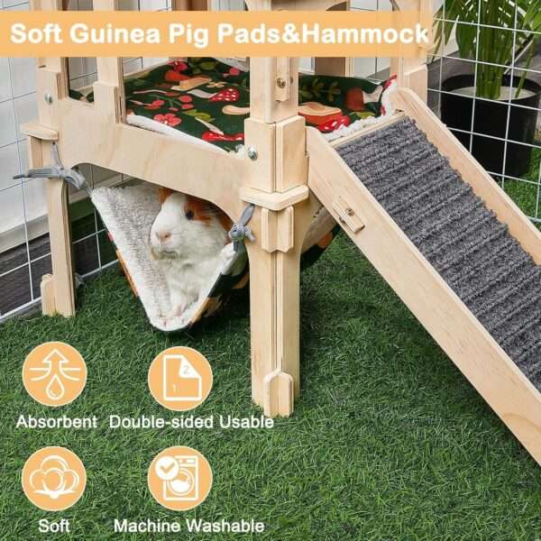 Casa de Madera 2 Niveles para Cuy y Conejo (30x22x45 cm). Escondite Desmontable para Roedores. Incluye Hamaca y Alfombra Antideslizante.