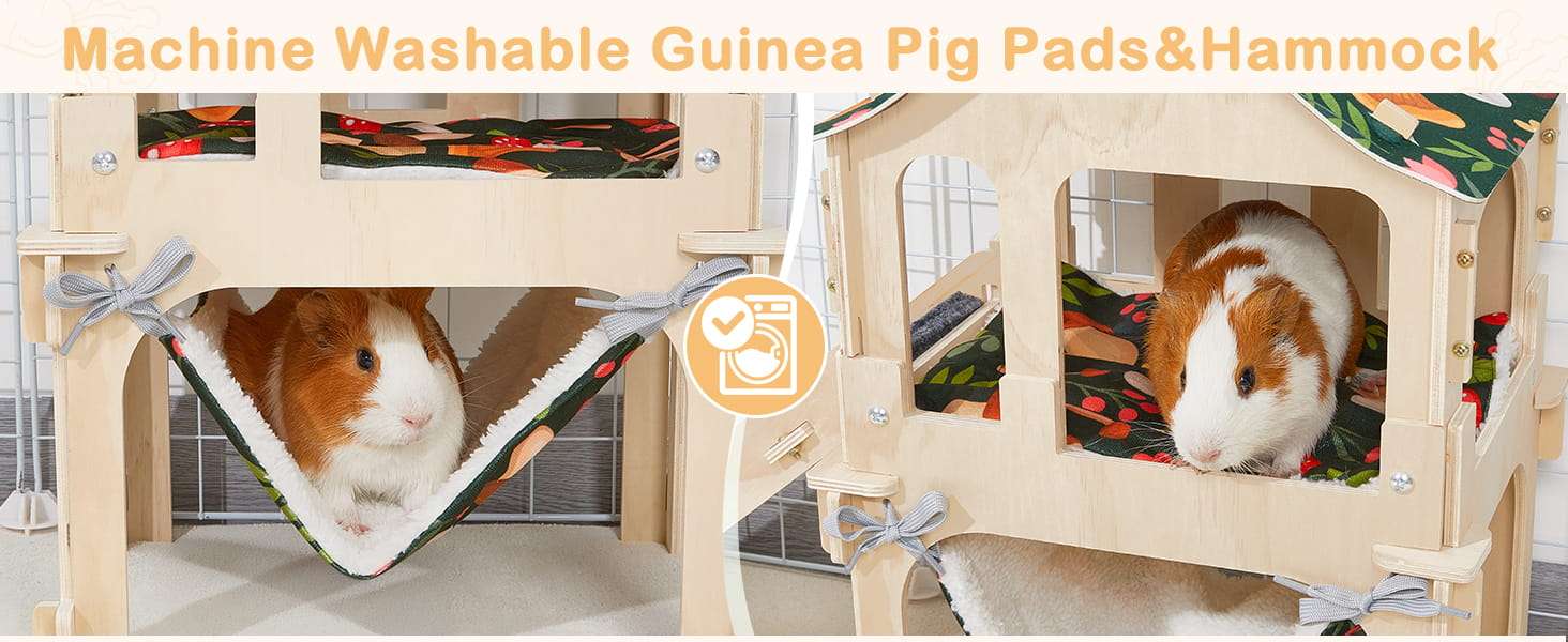Casa de Madera 2 Niveles para Cuy y Conejo (30x22x45 cm). Escondite Desmontable para Roedores. Incluye Hamaca y Alfombra Antideslizante.