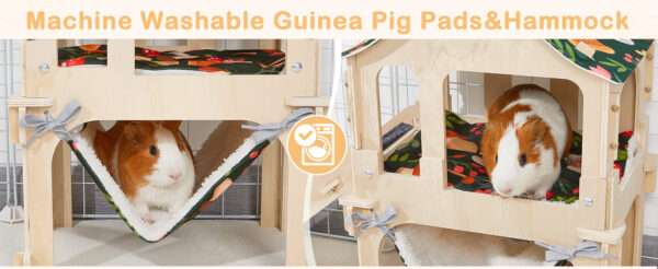 Casa de Madera 2 Niveles para Cuy y Conejo (30x22x45 cm). Escondite Desmontable para Roedores. Incluye Hamaca y Alfombra Antideslizante.