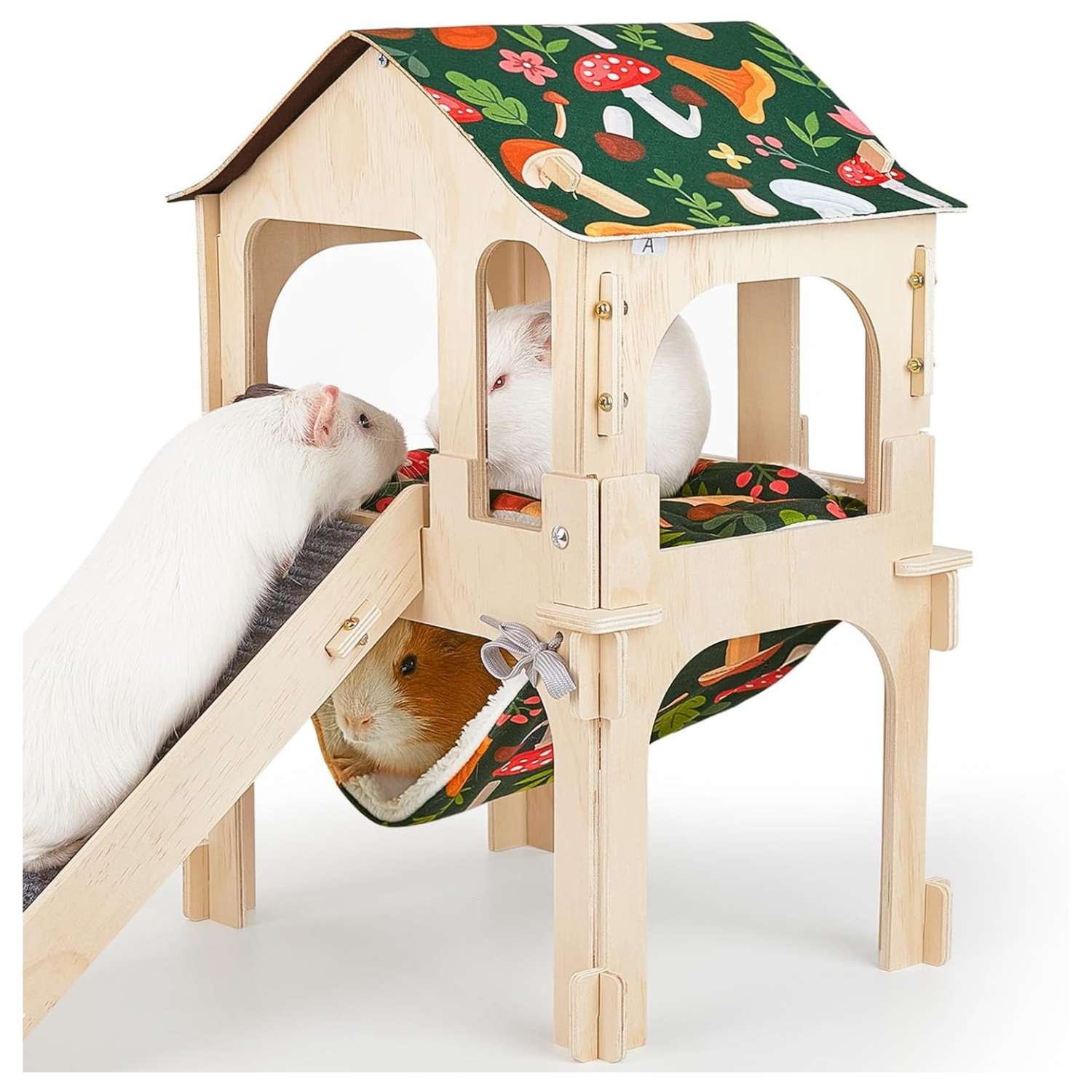 Casa de Madera 2 Niveles para Cuy y Conejo (30x22x45 cm). Escondite Desmontable para Roedores. Incluye Hamaca y Alfombra Antideslizante.