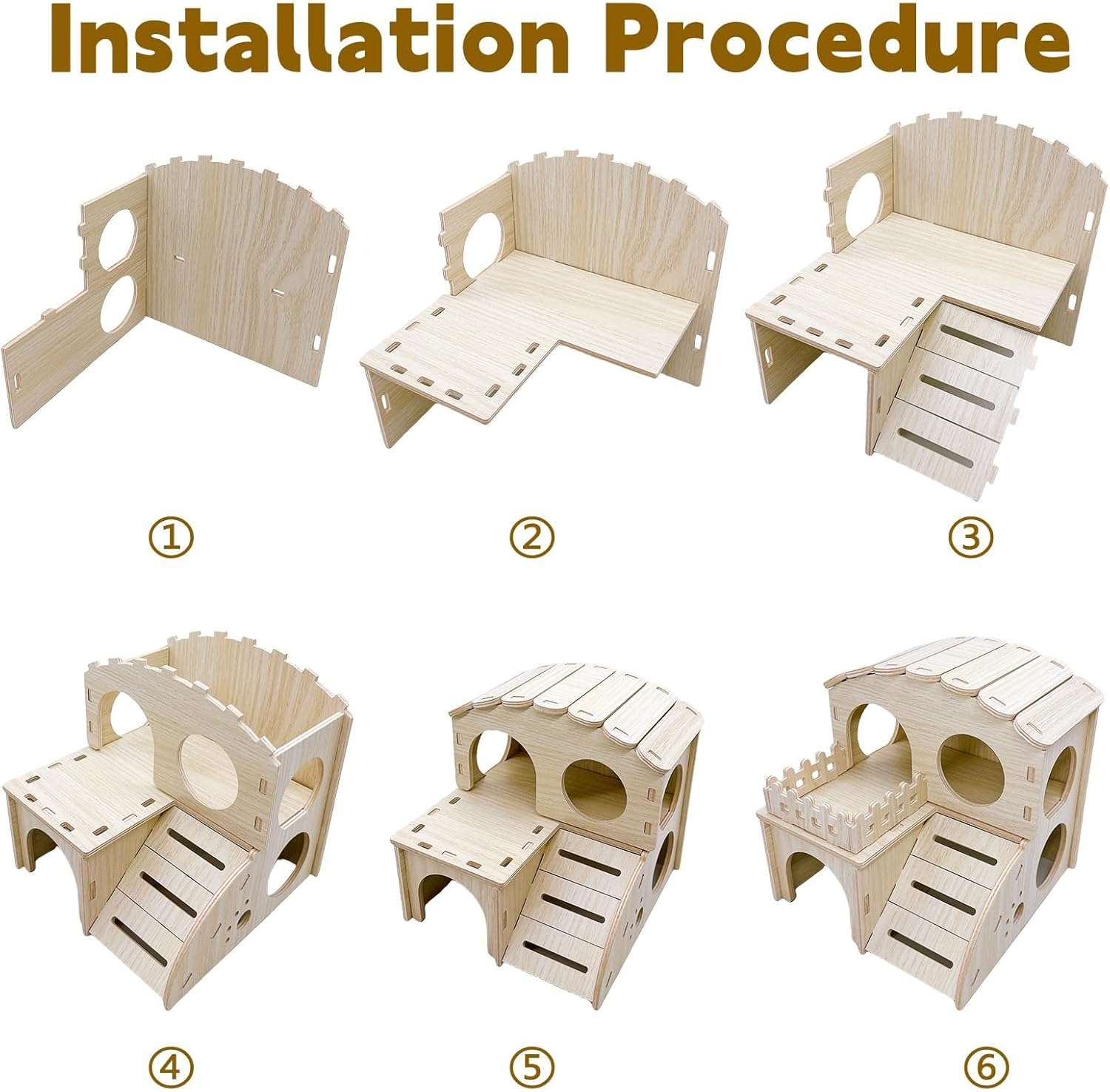 Casa de madera de dos pisos con escalera para hámster y roedores pequeños.