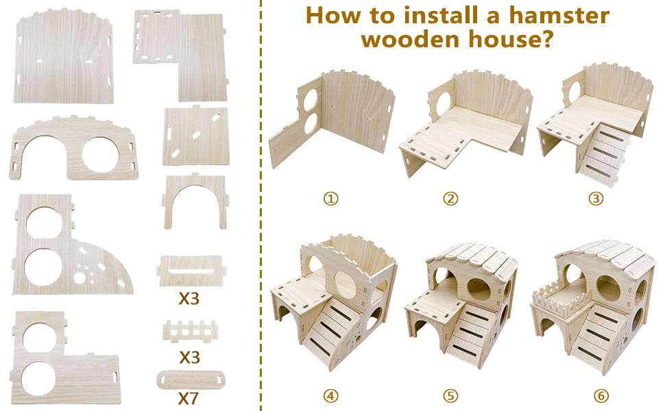 Casa de madera de dos pisos con escalera para hámster y roedores pequeños.