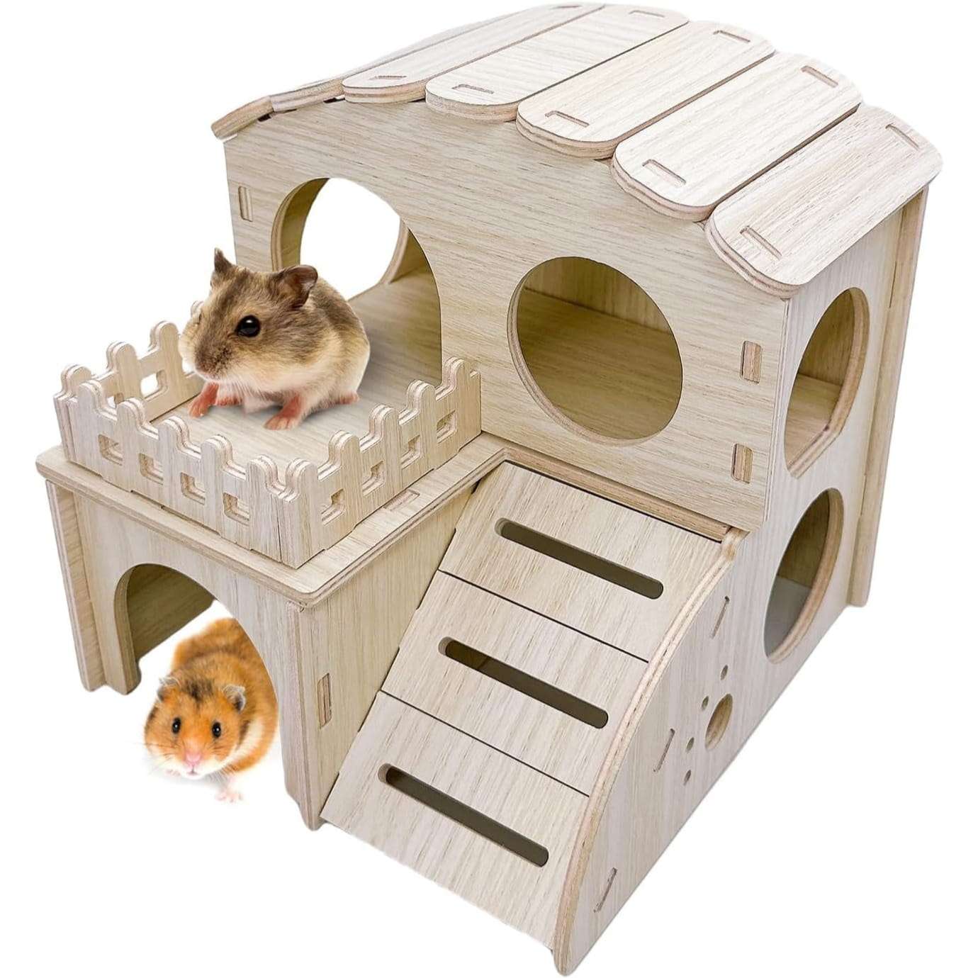 Casa de madera de dos pisos con escalera para hámster y roedores pequeños.