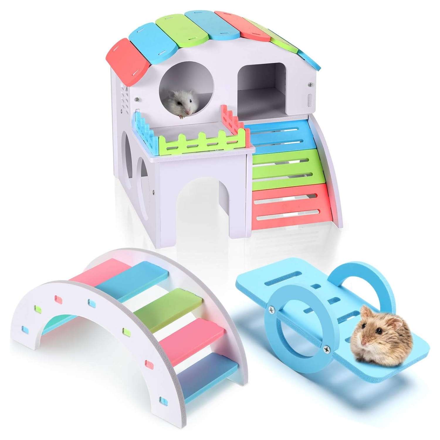 Set de casa estilo villa balancin y puente arcoiris de madera plastica para hamster.