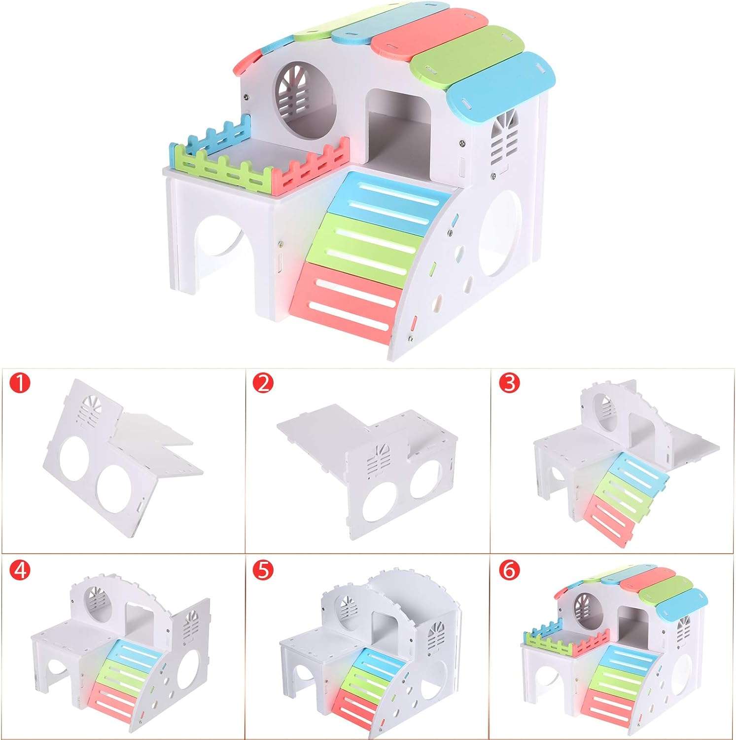 Set de casa estilo villa balancin y puente arcoiris de madera plastica para hamster.