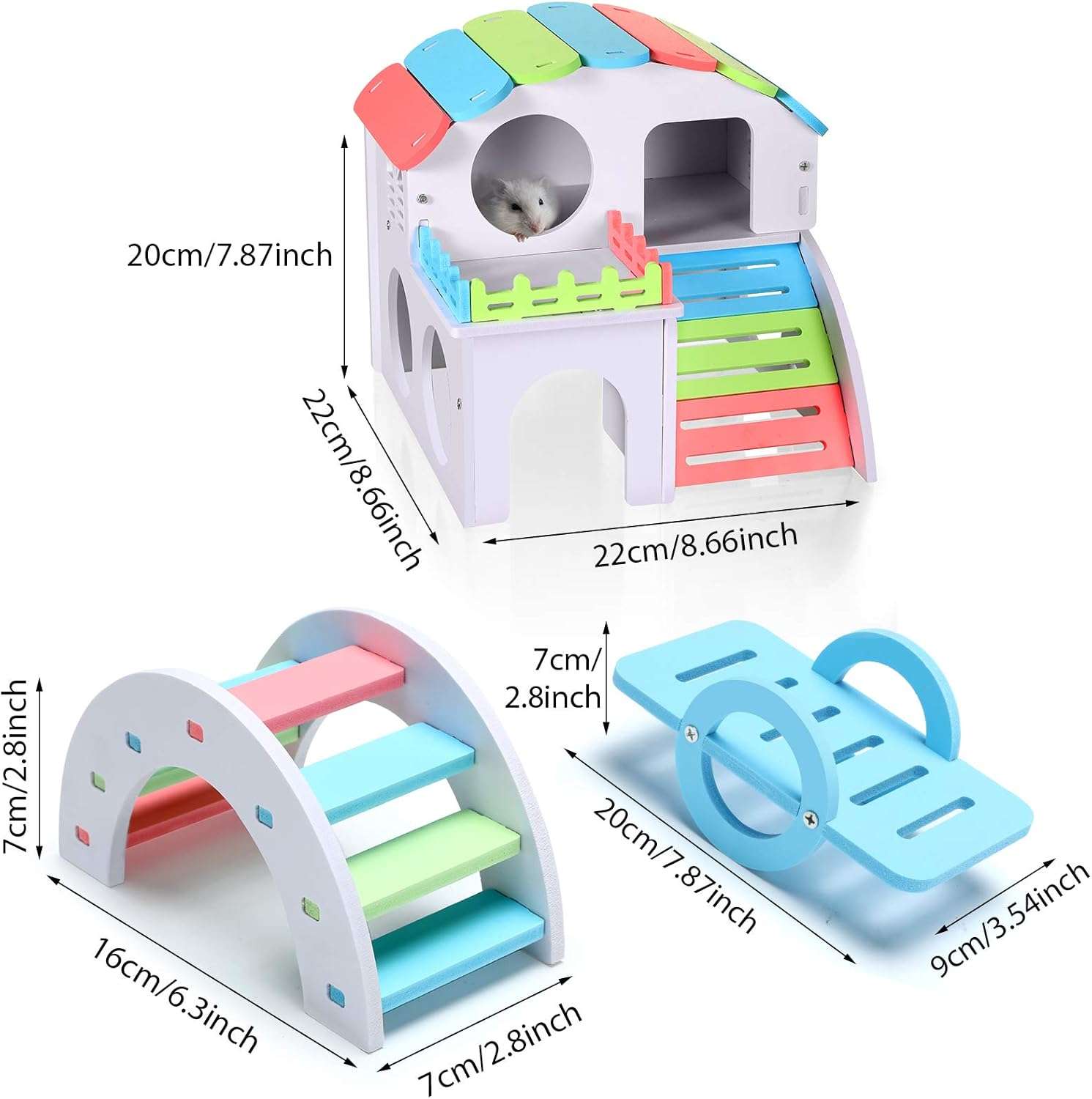 Set de casa estilo villa balancin y puente arcoiris de madera plastica para hamster.