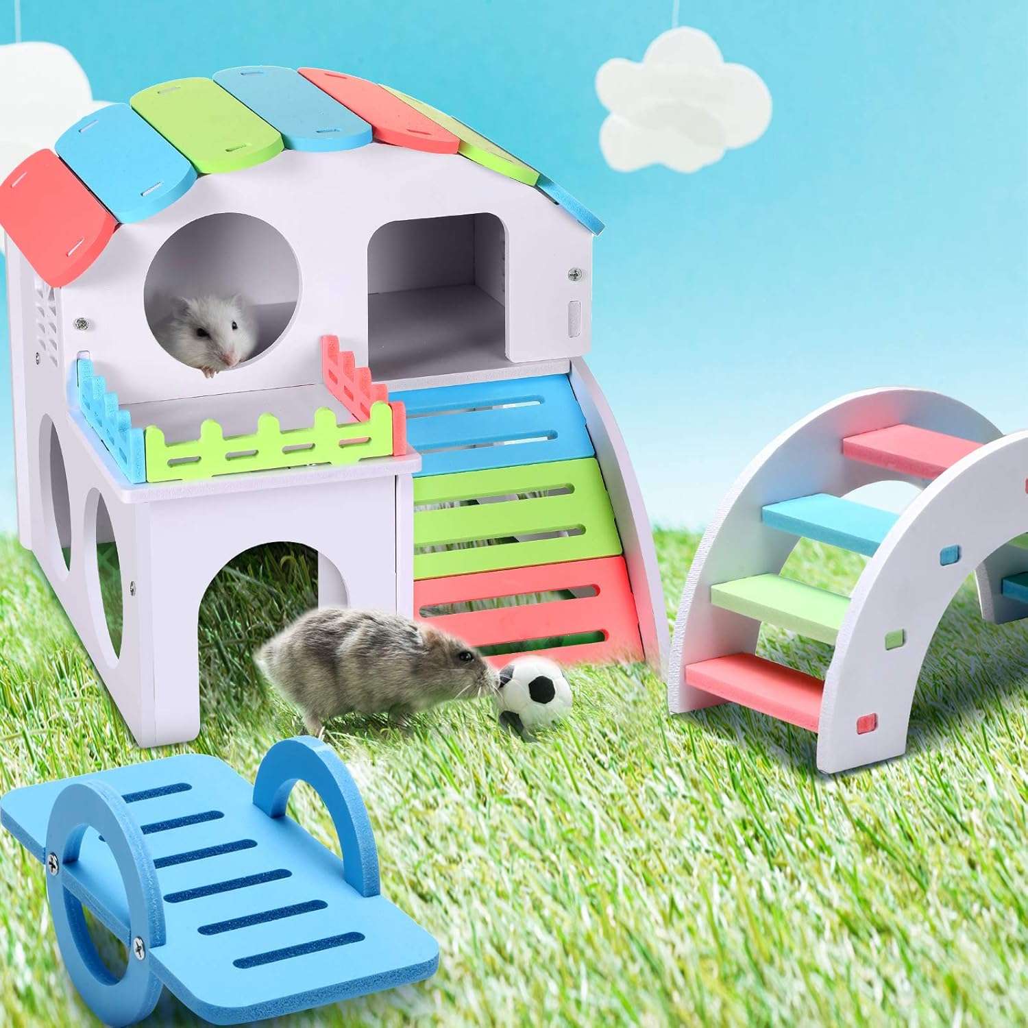 Set de casa estilo villa balancin y puente arcoiris de madera plastica para hamster.