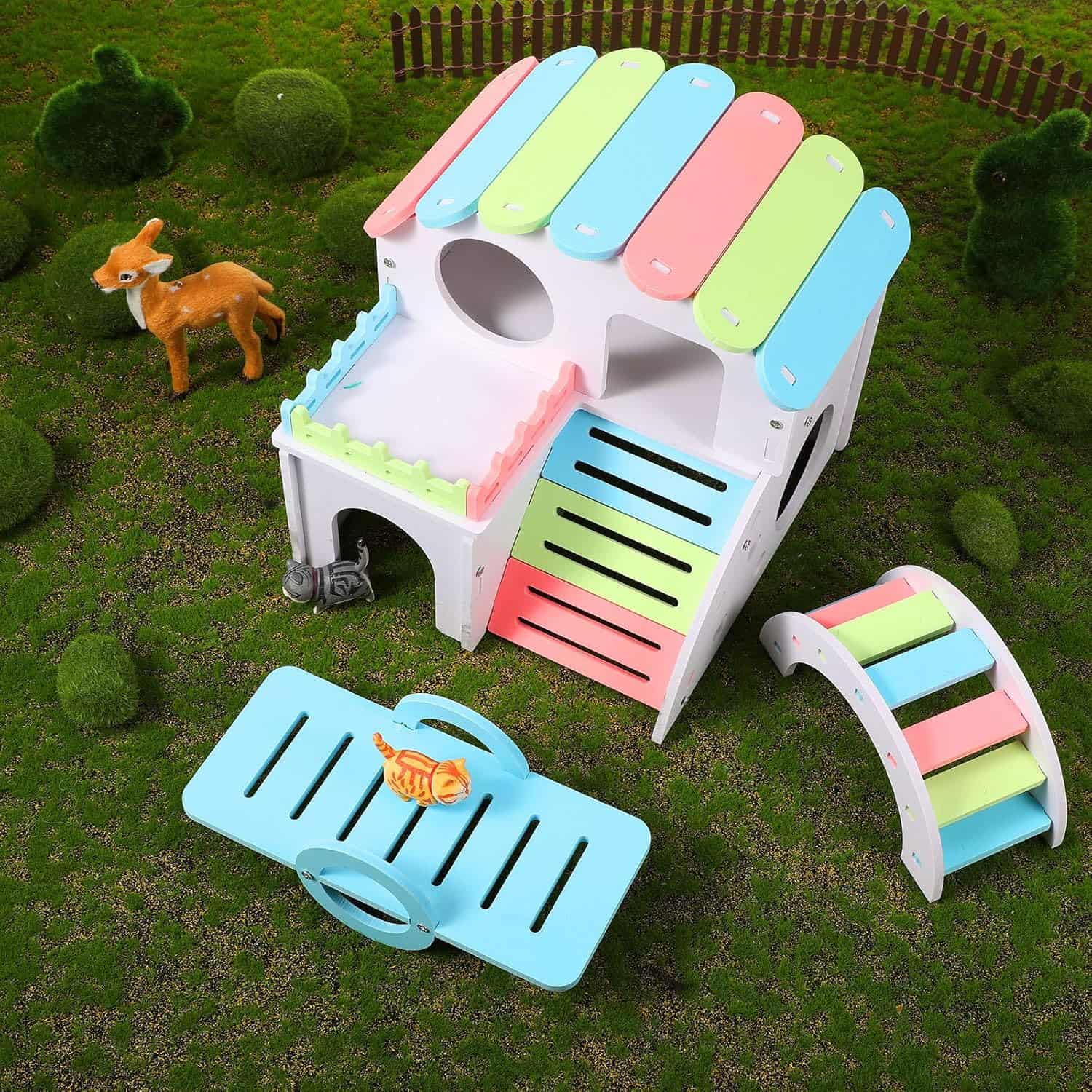 Set de casa estilo villa balancin y puente arcoiris de madera plastica para hamster.
