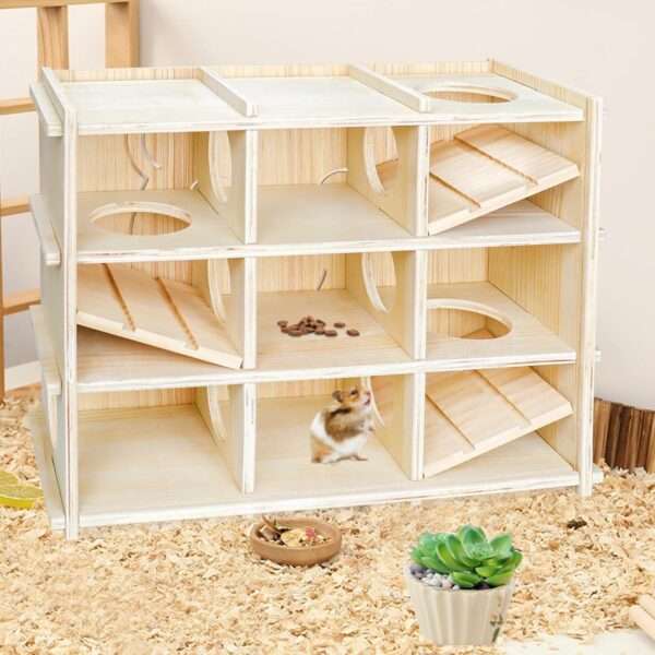 Casa Laberinto para Hámster (40x15x30 cm) de Madera con Acrílico. Juguete de Exploración de 3 Niveles y 9 Habitaciones para roedores.