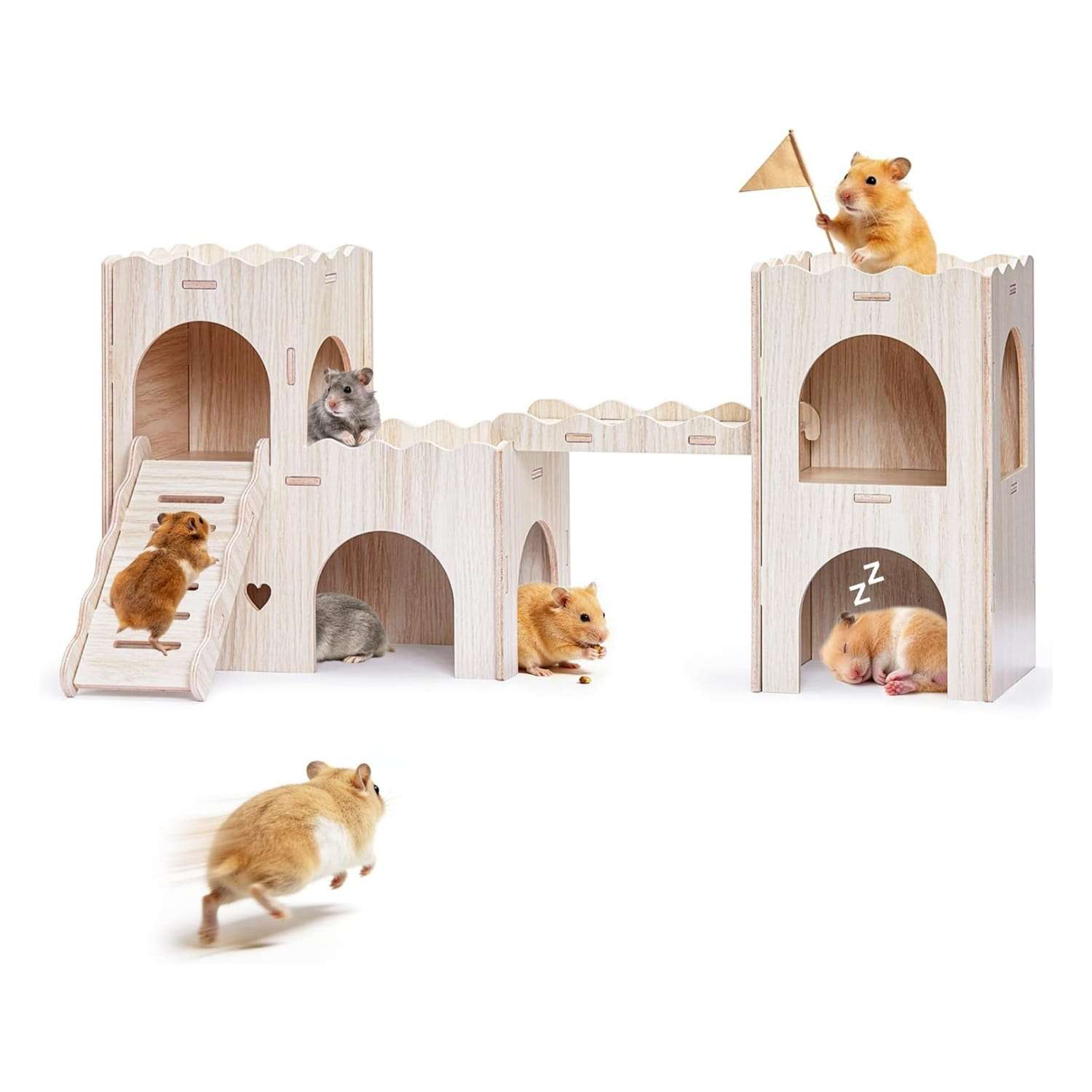 Castillo de Madera XL Doble Capa para Hámster Sirio y Jerbo. Escondite amplio con Balcón, Escalera y Puente de Conexión (Material natural).