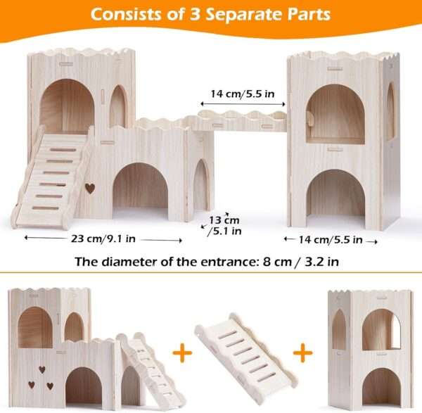 Castillo de Madera XL Doble Capa para Hámster Sirio y Jerbo. Escondite amplio con Balcón, Escalera y Puente de Conexión (Material natural).