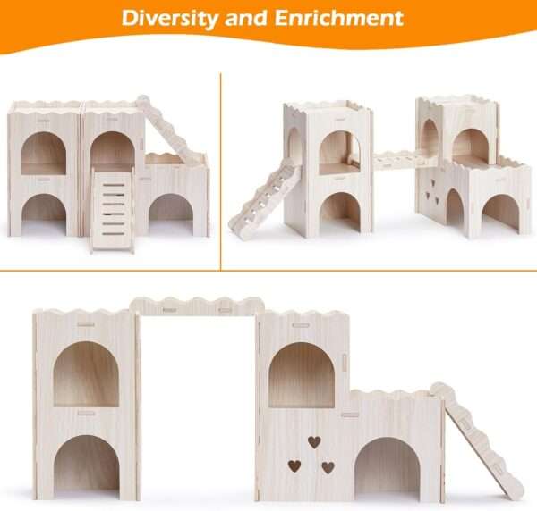 Castillo de Madera XL Doble Capa para Hámster Sirio y Jerbo. Escondite amplio con Balcón, Escalera y Puente de Conexión (Material natural).