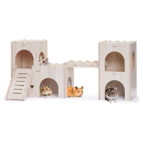 Castillo de Madera XL Doble Capa para Hámster Sirio y Jerbo. Escondite amplio con Balcón, Escalera y Puente de Conexión (Material natural).