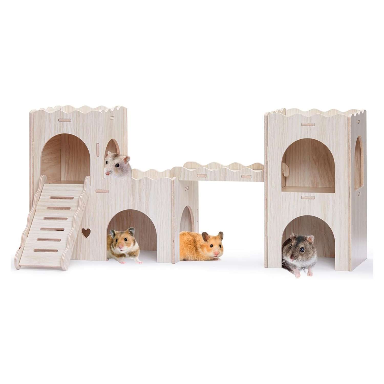 Castillo de Madera XL Doble Capa para Hámster Sirio y Jerbo. Escondite amplio con Balcón, Escalera y Puente de Conexión (Material natural).