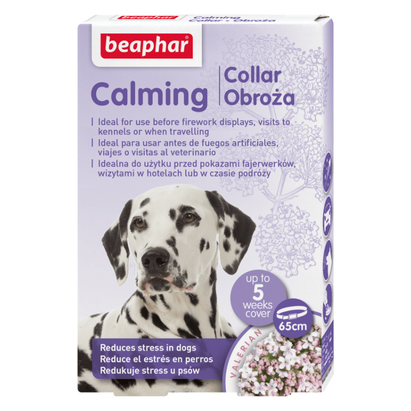 Collar calmante Beaphar para perros. Libera valeriana para reducir el estrés y la ansiedad. Efecto continuo hasta 5 semanas.