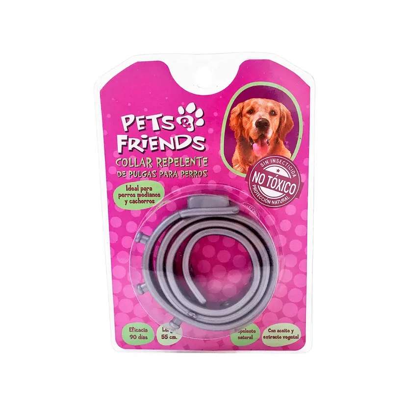 Collar Repelente de Pulgas Pets & Friends (55 cm). Proteccion natural por 90 dias, no toxico, resistente al agua. Para perros medianos y cachorros.