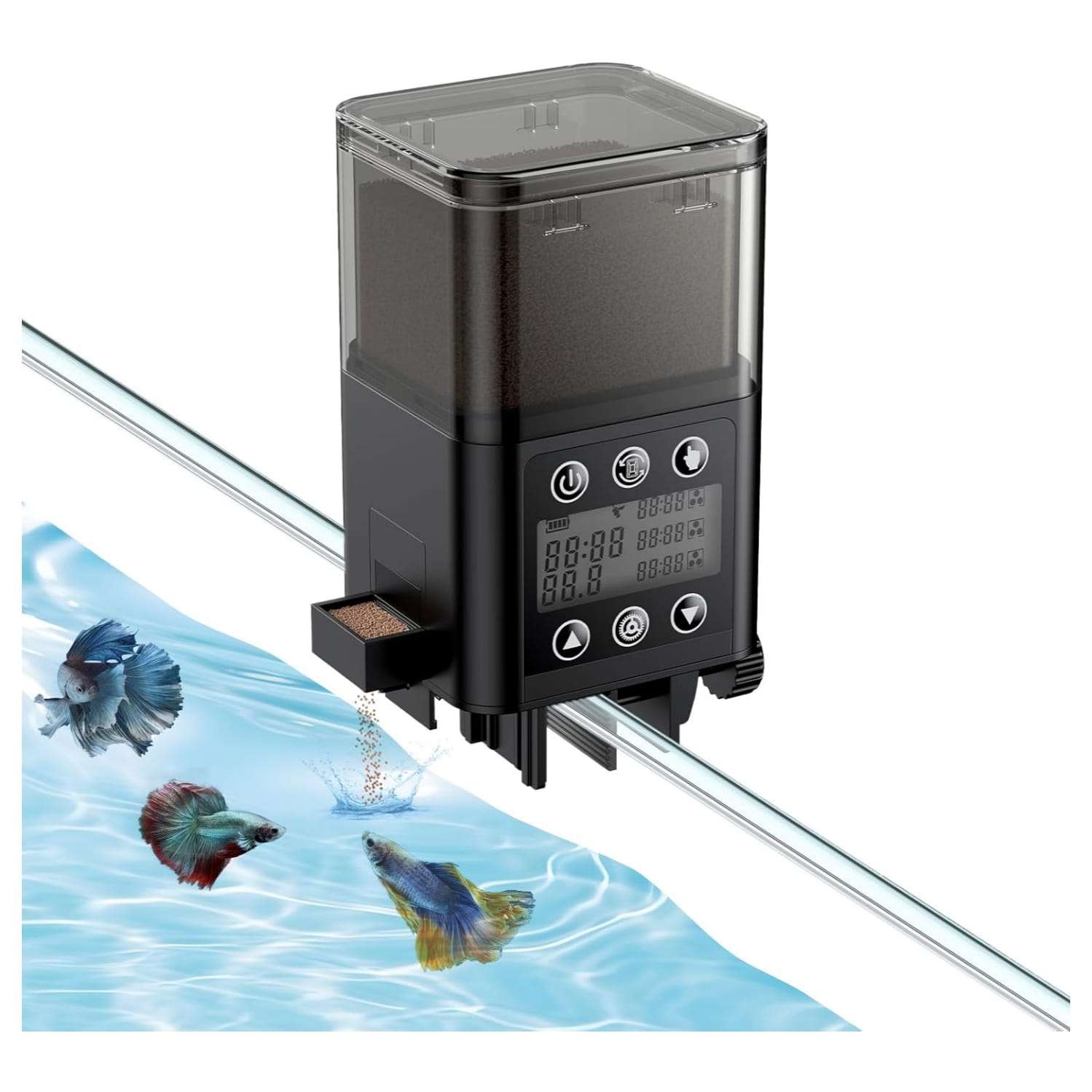 Comedero automático para acuario de 320 ml con temporizador y pantalla LCD. Diseño antihumedad con puerto retráctil. Funciona con 2 pilas AAA, ideal para pellets y gránulos.
