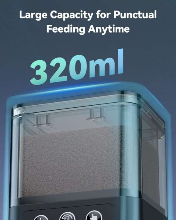 Comedero automático para acuario de 320 ml con temporizador y pantalla LCD. Diseño antihumedad con puerto retráctil. Funciona con 2 pilas AAA, ideal para pellets y gránulos.