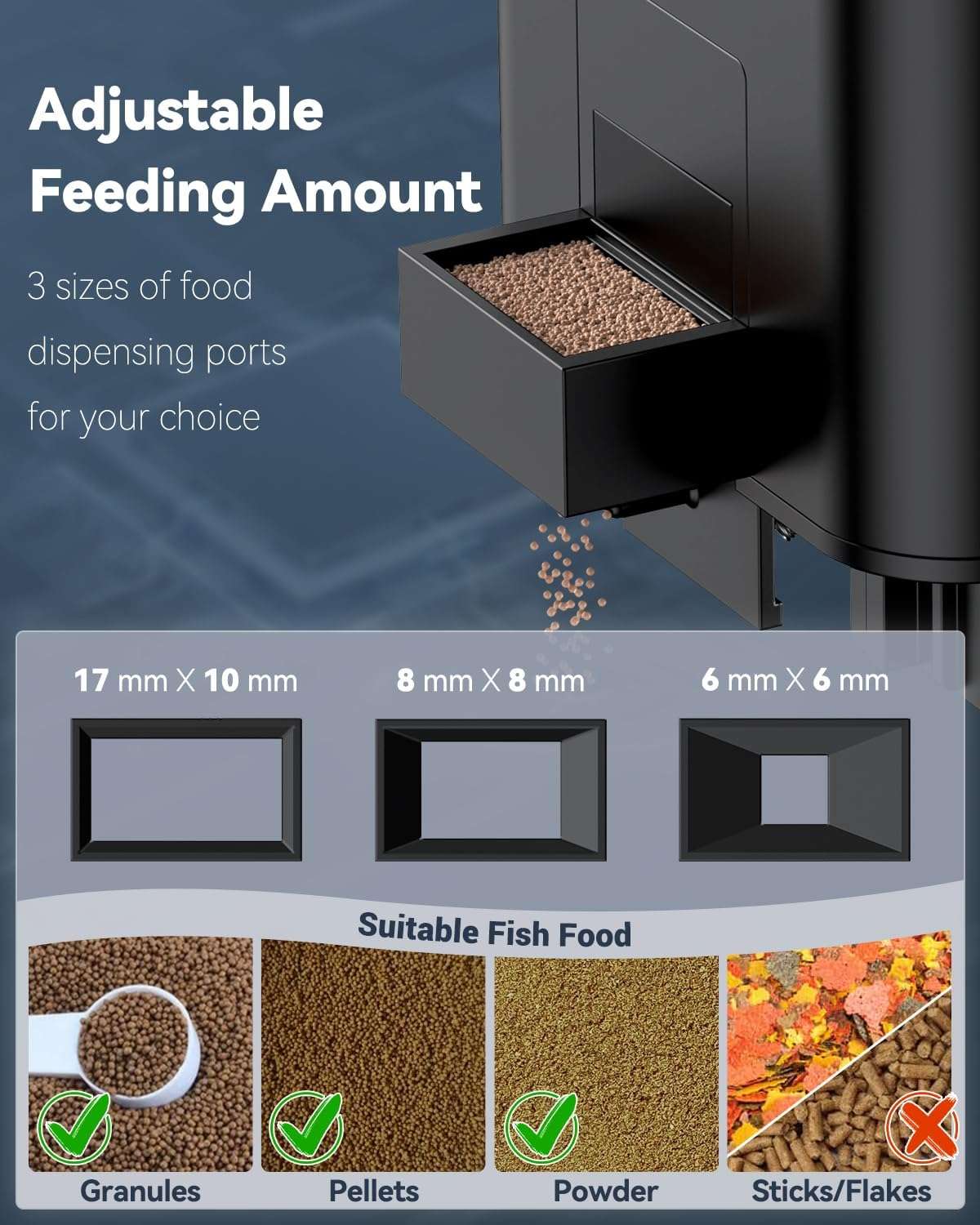 Comedero automático para acuario de 320 ml con temporizador y pantalla LCD. Diseño antihumedad con puerto retráctil. Funciona con 2 pilas AAA, ideal para pellets y gránulos.