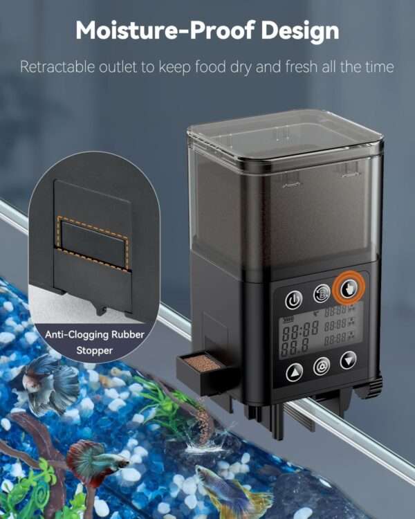 Comedero automático para acuario de 320 ml con temporizador y pantalla LCD. Diseño antihumedad con puerto retráctil. Funciona con 2 pilas AAA, ideal para pellets y gránulos.