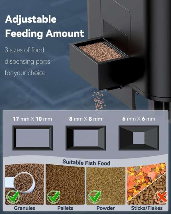 Comedero automático para acuario de 320 ml con temporizador y pantalla LCD. Diseño antihumedad con puerto retráctil. Funciona con 2 pilas AAA, ideal para pellets y gránulos.