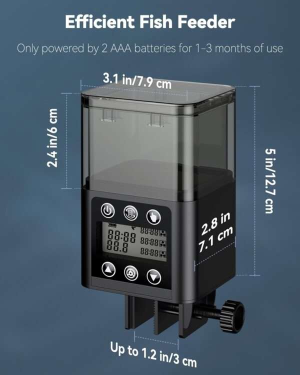 Comedero automático para acuario de 320 ml con temporizador y pantalla LCD. Diseño antihumedad con puerto retráctil. Funciona con 2 pilas AAA, ideal para pellets y gránulos.