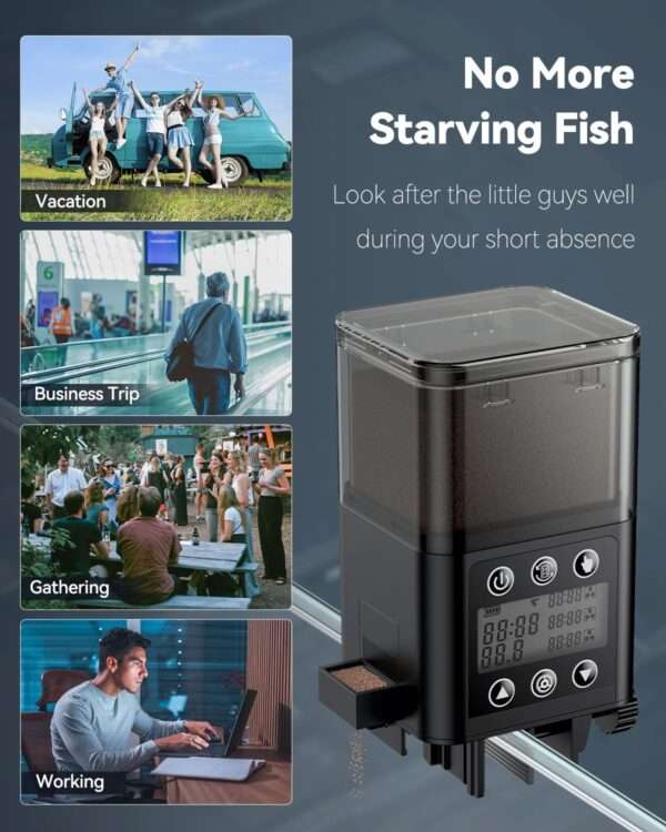 Comedero automático para acuario de 320 ml con temporizador y pantalla LCD. Diseño antihumedad con puerto retráctil. Funciona con 2 pilas AAA, ideal para pellets y gránulos.