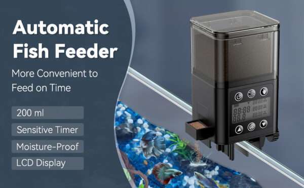 Comedero automático para acuario de 320 ml con temporizador y pantalla LCD. Diseño antihumedad con puerto retráctil. Funciona con 2 pilas AAA, ideal para pellets y gránulos.