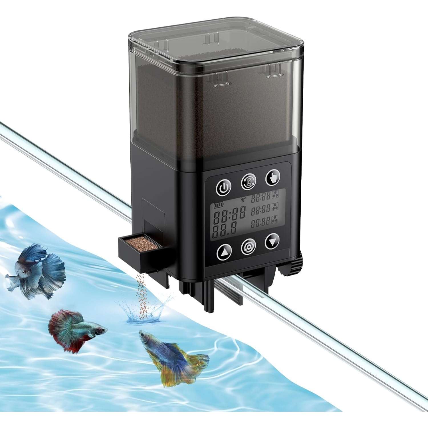 Comedero automático para acuario de 320 ml con temporizador y pantalla LCD. Diseño antihumedad con puerto retráctil. Funciona con 2 pilas AAA, ideal para pellets y gránulos.
