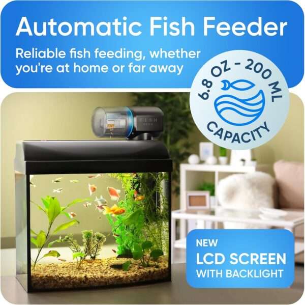 Comedero automático para peces FISHNOSH con pantalla LCD. Programable hasta 9 veces al día. Incluye base de abrazadera y está diseñado para acuarios y estanques, ideal para vacaciones.