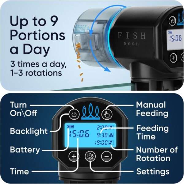 Comedero automático para peces FISHNOSH con pantalla LCD. Programable hasta 9 veces al día. Incluye base de abrazadera y está diseñado para acuarios y estanques, ideal para vacaciones.