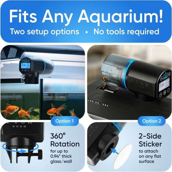 Comedero automático para peces FISHNOSH con pantalla LCD. Programable hasta 9 veces al día. Incluye base de abrazadera y está diseñado para acuarios y estanques, ideal para vacaciones.