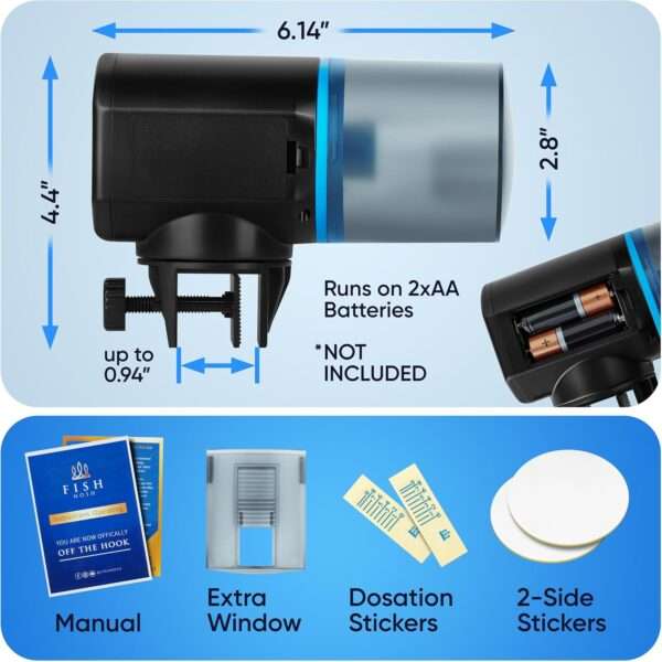 Comedero automático para peces FISHNOSH con pantalla LCD. Programable hasta 9 veces al día. Incluye base de abrazadera y está diseñado para acuarios y estanques, ideal para vacaciones.