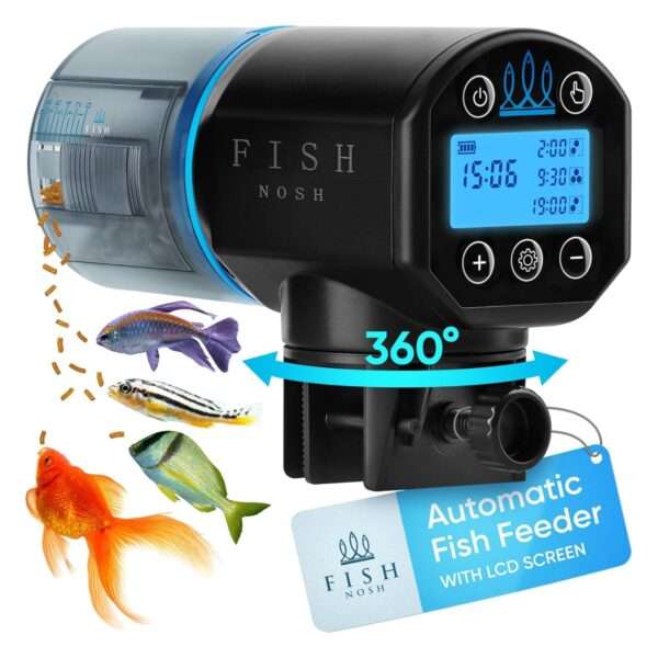 Comedero automático para peces FISHNOSH con pantalla LCD. Programable hasta 9 veces al día. Incluye base de abrazadera y está diseñado para acuarios y estanques, ideal para vacaciones.