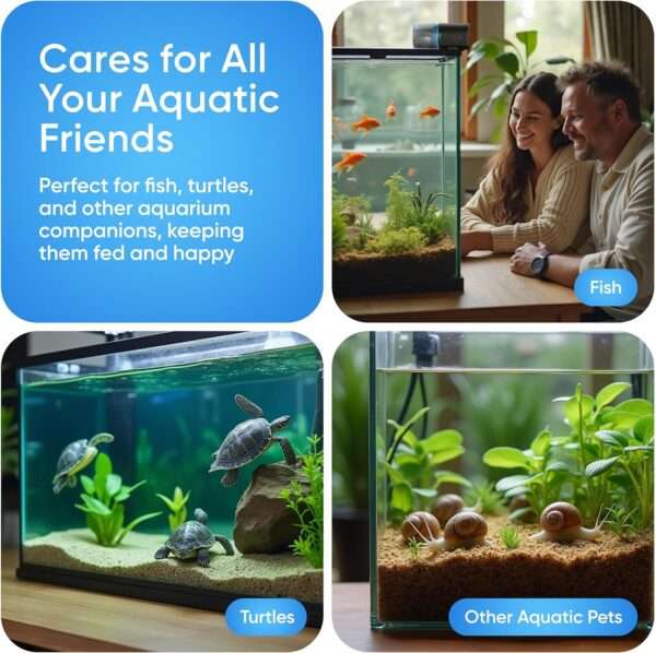 Comedero automático para peces FISHNOSH con pantalla LCD. Programable hasta 9 veces al día. Incluye base de abrazadera y está diseñado para acuarios y estanques, ideal para vacaciones.