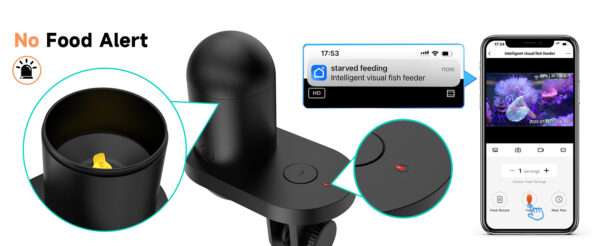 Comedero automático Hygger con cámara HD 2K y conectividad WiFi. Permite la vigilancia en vivo y la programación de alimentación. Incluye salida de comida dual y es resistente a la humedad.