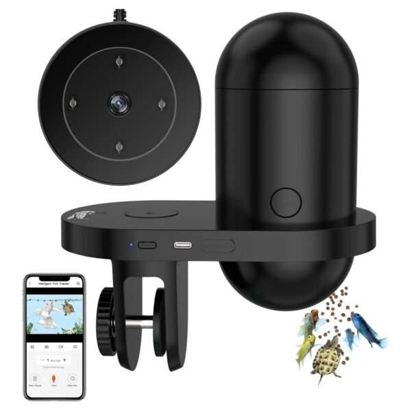 Comedero automático Hygger con cámara HD 2K y conectividad WiFi. Permite la vigilancia en vivo y la programación de alimentación. Incluye salida de comida dual y es resistente a la humedad.
