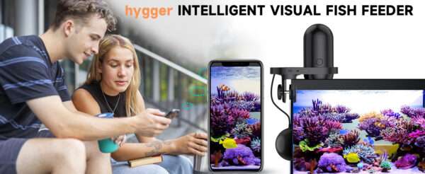 Comedero automático Hygger con cámara HD 2K y conectividad WiFi. Permite la vigilancia en vivo y la programación de alimentación. Incluye salida de comida dual y es resistente a la humedad.