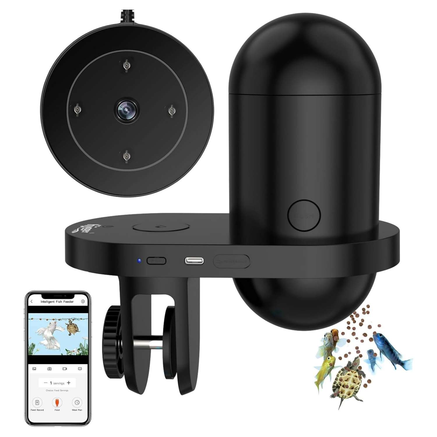 Comedero automático Hygger con cámara HD 2K y conectividad WiFi. Permite la vigilancia en vivo y la programación de alimentación. Incluye salida de comida dual y es resistente a la humedad.