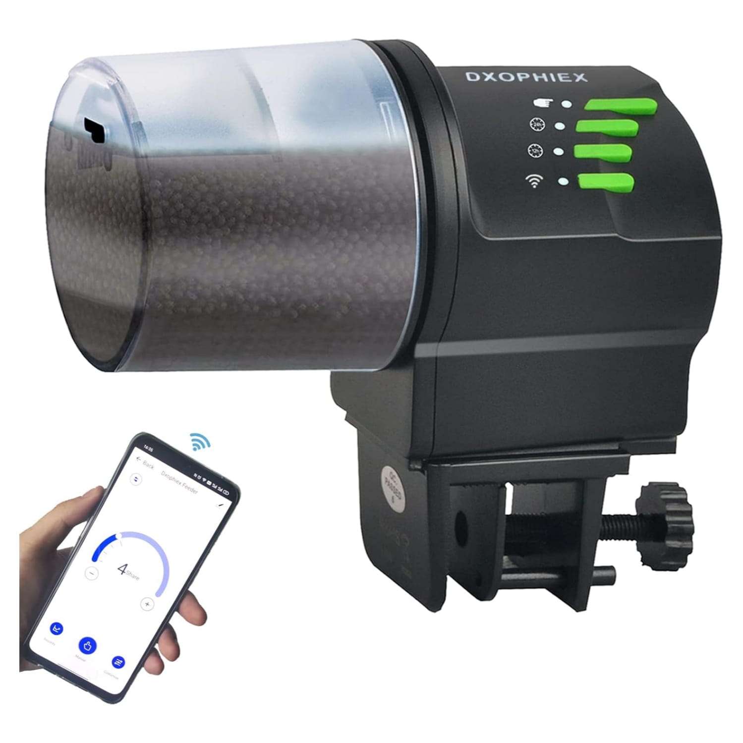 Comedero automático para acuario con conectividad WiFi. Funciona con USB y pilas AA. Incluye dos recipientes de comida y un anillo de alimentación para diferentes tipos de alimentos.