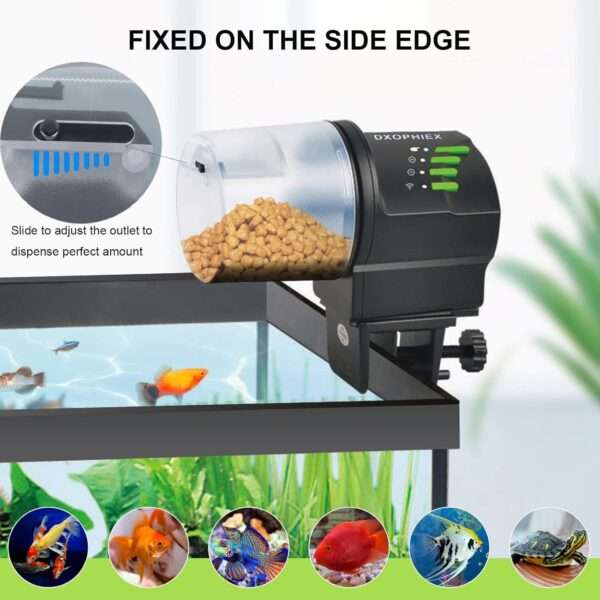 Comedero automático para acuario con conectividad WiFi. Funciona con USB y pilas AA. Incluye dos recipientes de comida y un anillo de alimentación para diferentes tipos de alimentos.