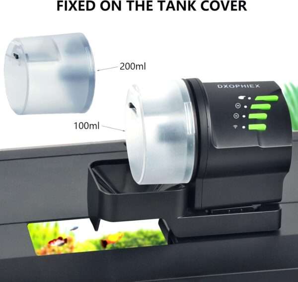 Comedero automático para acuario con conectividad WiFi. Funciona con USB y pilas AA. Incluye dos recipientes de comida y un anillo de alimentación para diferentes tipos de alimentos.