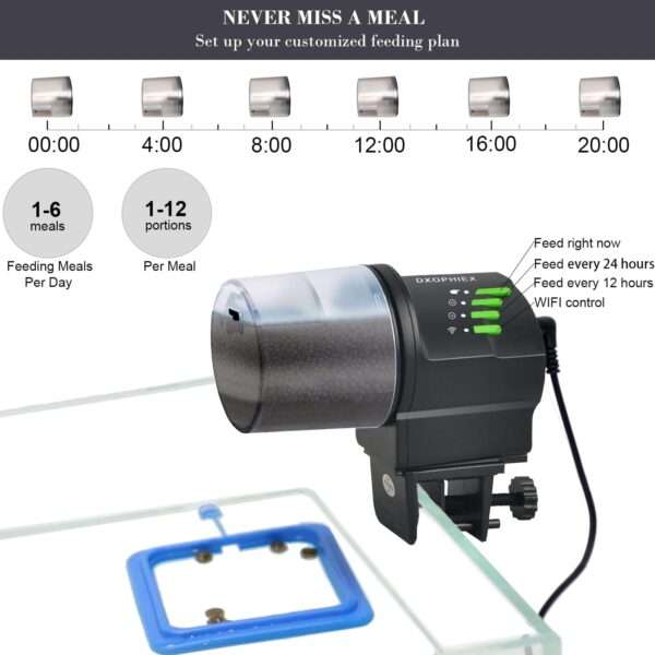 Comedero automático para acuario con conectividad WiFi. Funciona con USB y pilas AA. Incluye dos recipientes de comida y un anillo de alimentación para diferentes tipos de alimentos.