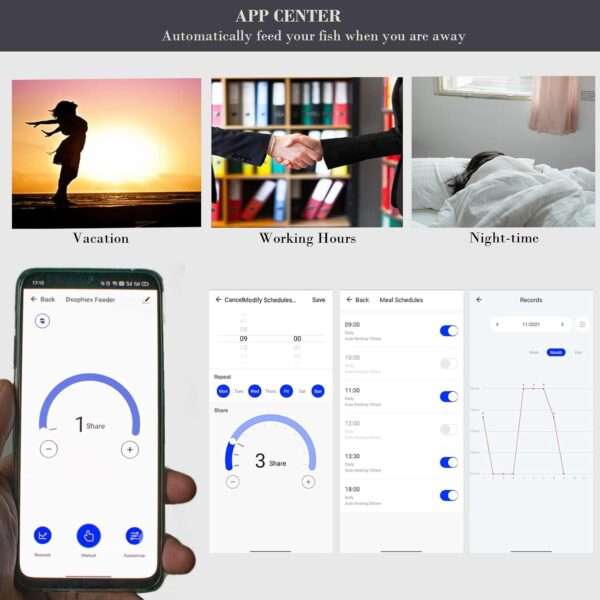 Comedero automático para acuario con conectividad WiFi. Funciona con USB y pilas AA. Incluye dos recipientes de comida y un anillo de alimentación para diferentes tipos de alimentos.