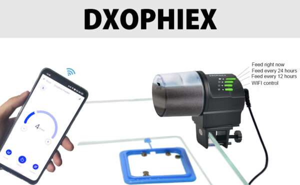 Comedero automático para acuario con conectividad WiFi. Funciona con USB y pilas AA. Incluye dos recipientes de comida y un anillo de alimentación para diferentes tipos de alimentos.