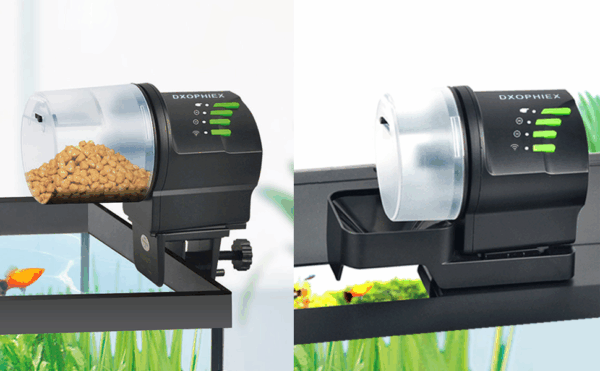 Comedero automático para acuario con conectividad WiFi. Funciona con USB y pilas AA. Incluye dos recipientes de comida y un anillo de alimentación para diferentes tipos de alimentos.