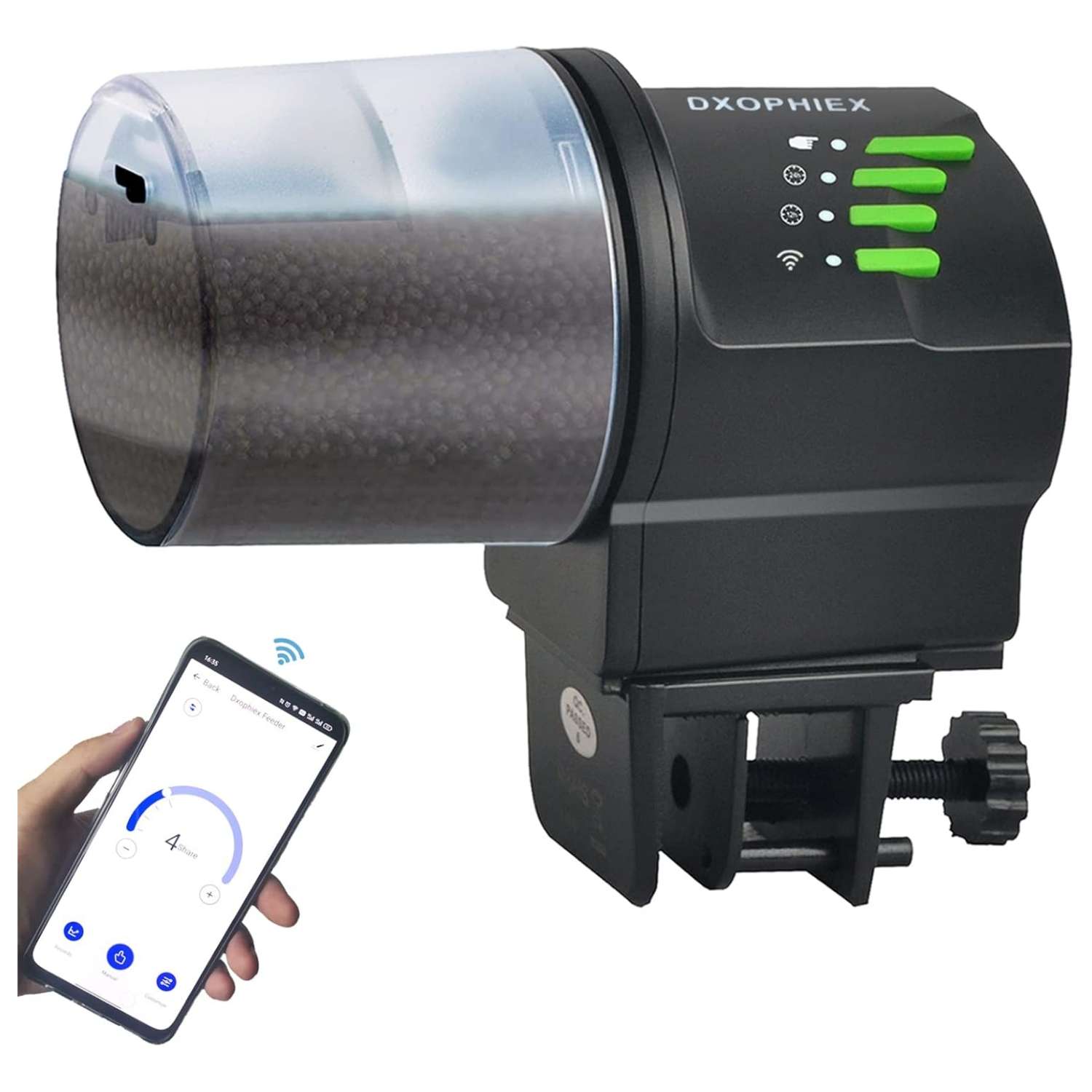 Comedero automático para acuario con conectividad WiFi. Funciona con USB y pilas AA. Incluye dos recipientes de comida y un anillo de alimentación para diferentes tipos de alimentos.