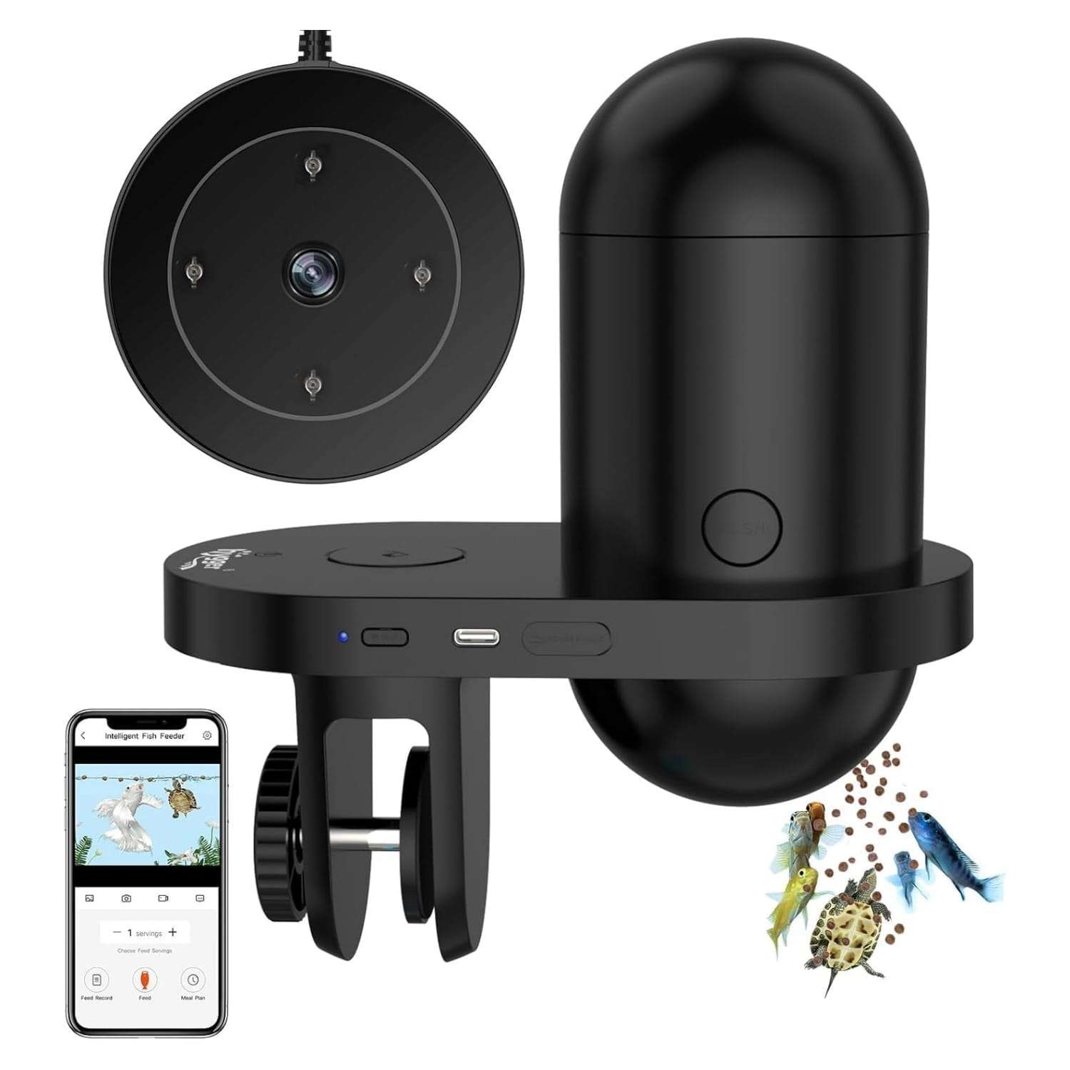 Comedero automático Hygger con cámara HD 2K y conectividad WiFi. Permite la vigilancia en vivo y la programación de alimentación. Incluye salida de comida dual y es resistente a la humedad.